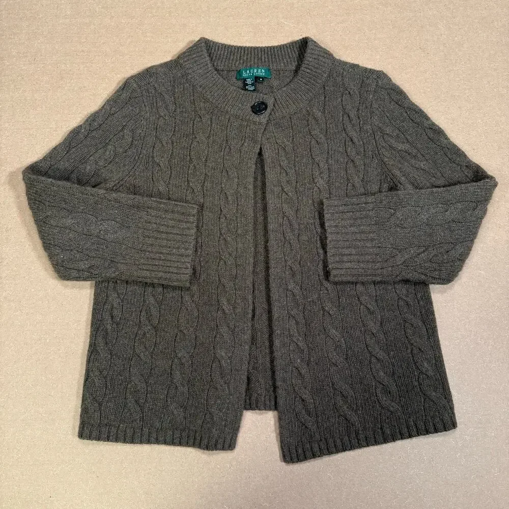 Ralph Lauren Brown Olive Green Wool Cable Knit Cardigan 3/4 Length Sleeve